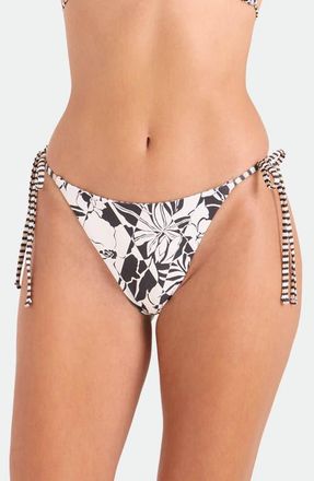 Volcom Hibiscus Diamond Side Tie Bikini Bottoms in Black Ecru at Nordstrom, Size X-Small
