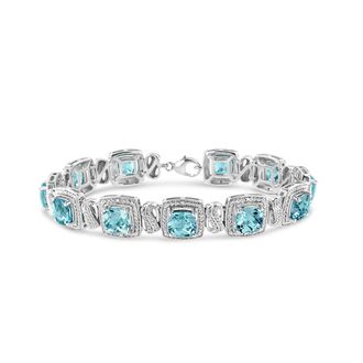 House of Brilliance 925 Sterling Silver 7x7 mm Cushion Cut Blue Topaz and 1/10 Ctw Single Cut Diamond Square Shape Tennis Bracelet