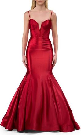 La Femme Satin Mermaid Prom Gown with Corset Top in Red at Nordstrom, Size 10
