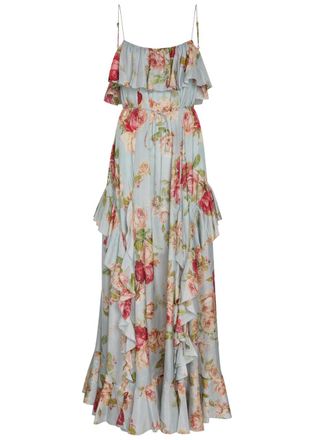 Zimmermann Roselight Floral-print Ruffled Silk Maxi Dress - Blue - 3 (UK 14 / L)