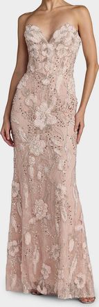Mac Duggal Floral Embellished Mesh Strapless Column Gown