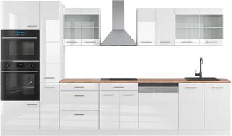 Vicco Mueble De Cocina R-line, Blanco Alto Brillo/blanco, 350 Cm Con Armario Alto, Et Roble