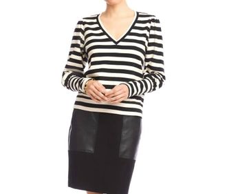 Karen Kane Sabine Stripe Bishop Sleeve V-Neck Top In Black And Cream