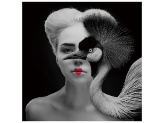 Schubiger M&ouml;bel Digitaldruck auf Glas Kranich mit Blonder Frau S/w