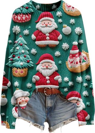 Generic Christmas Jumpers for Women UK,Womens Knitted Christmas Sweatshirt Xmas Tree Print Funny Xmas Jumpers Crew Neck Ladies Ugly Sweaters Womens Winter Ove