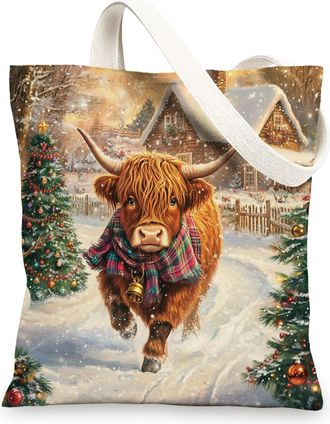Generic Christmas Highland Cow Canvas Tote Bag for Shopping 13x15, Farmhouse Xmas Snowman Reusable Grocery Print Bag for Women Men, Holiday New Year Aesthetic