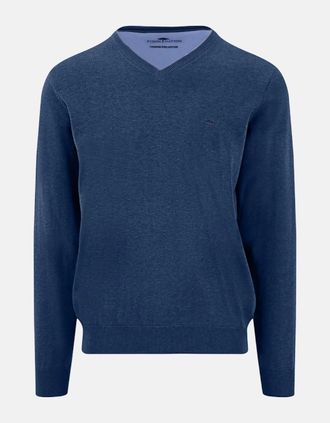 Fynch-Hatton Mens V-Neck Fine Knit Cotton Sweater Midnight - Navy - Size: 42