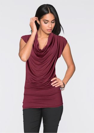 Bonprix T-Shirt BONPRIX, Damen, Gr. 48/50 (XL), bordeaux, Jersey, Obermaterial: 95% Viskose, 5% Elasthan, unifarben, figurbetont h&uuml;ftbedeckend, tiefer Rundhal