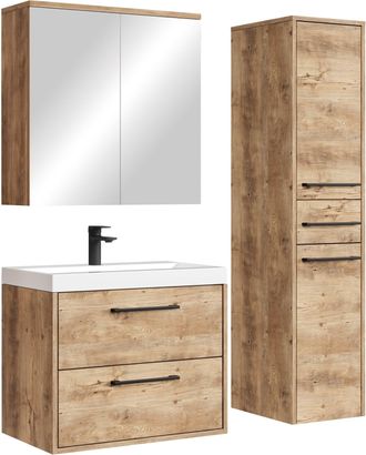 Badplaats Badplaats Set Mobili Bagno Florence 60 Cm - Rovere Castagno - Mobile Sospeso Con Lavabo, Specchio Contenitore E Pensile