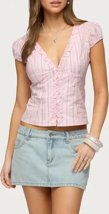 Edikted Georgia Ruffle Stripe Cotton Button-Up Shirt in Pink at Nordstrom, Size X-Small
