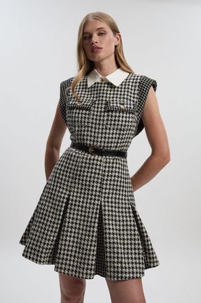 Karen Millen Womens Textured Tweed Contrast Collar Pleated Tailored Mini Dress - Multicolour Cotton - Size 6 UK