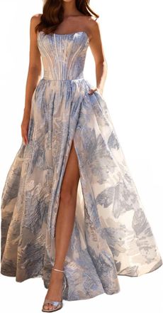 Sherri Hill Strapless Brocade Corset Bodice Gown In Blue