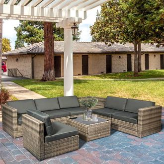 OUTSUNNY 8Pcs Patio Rattan Sofa Set Garden Furniture Side Table w/ Cushion in Brown