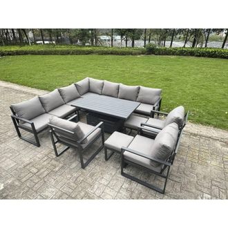 Fimous Aluminum 11 Piece 12-Seater L-Shaped Set with Lifting Table & 2 Stools in Dark Grey