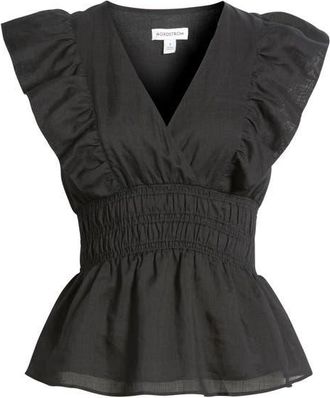 Nordstrom Smocked Waist Flutter Sleeve Peplum Top in Black at Nordstrom, Size Xx-Small