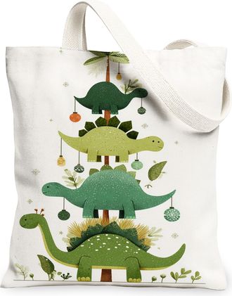 Generic Dinosaur Tree Canvas Tote Bags, Dino Pattern Reusable Grocery Bags, Holiday Eco-Friendly Lightweight Washable Shoulder Stra, White, 13x15 Inch