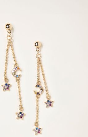 Fat Face FatFace Gold Tone Star and Moon Chain Earrings
