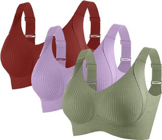 Generic 3 Pack Sport Bras for Women Non Wired Bra Ladies Padded Push Up Bralette Multipack Wide Strap Brassiere Full Coverage High Impact Support Bra Everyday