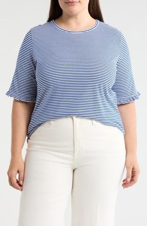 Jones New York Stripe Frill Sleeve Stretch Cotton Top in Sapphire/natural Whi at Nordstrom, Size 3X