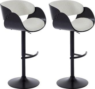 Vente-Unique Set de 2 taburetes de bar de tela rizada, chapado de fresno y metal - Altura Ajustable - Blanco y Negro - JELSA