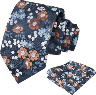 Alizeal Mens 8cm Floral Tie with Pocket Square Fashion Elegant Wedding Business Necktie Set, Navy Blue+Brown