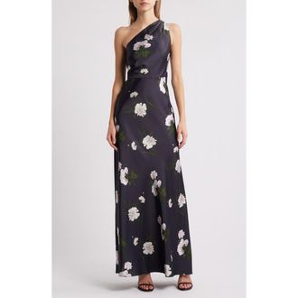 Sachin & Babi Delphine Floral One-Shoulder Satin Crepe Gown in Dark Midnight Carnations at Nordstrom, Size 14