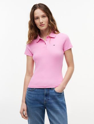 Tommy Hilfiger Womens Tommy Jeans Slim Fit Rib-Knit Polo - Pink - XL