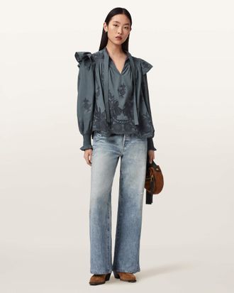 AllSaints Cotton Nisa Embroidered Cotton Top, Size: UK 14/US 10