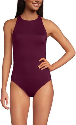 Lands End Tugless High Neck Portrait Back One Piece Swimsuit in Berry at Nordstrom, Size 12P