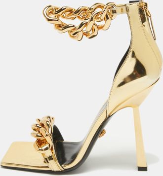 Versace Gold Patent Leather Medusa Chain Ankle Strap Sandals