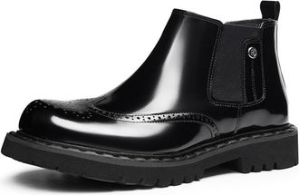 Generic Mens Pull on Chelsea Ankle Boots Chunky Block Heel Platform Boots Round Toe Patent Leather Vintage Brogue Shoes,Black,6.5 UK