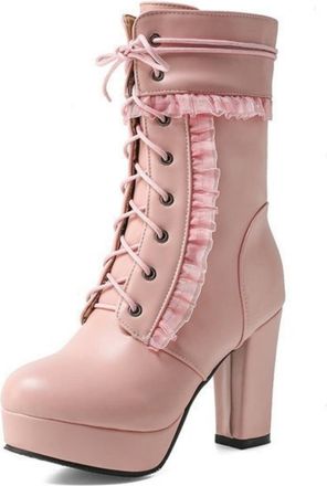 Generic Womens Lace-Up Ankle Boots with A 10 Cm Block Heel, Platform And Ruffle Trim - Elegant Round-Toe Ankle Boots for Autumn And Winter, Ideal for Outdoor 