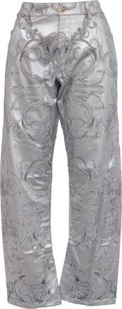 Versace Baroque-Print Barrel Jeans in Metallic Silver Cotton