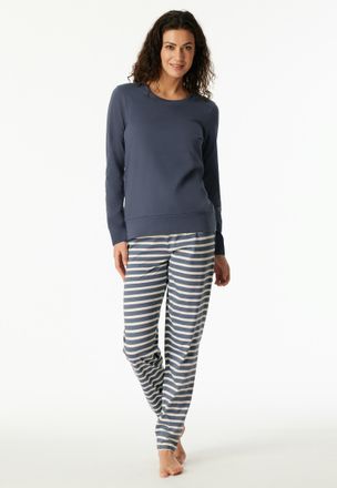 Schiesser Schlafanzug SCHIESSER Casual Essentials, Damen, Gr. 46, blau (jeansblau), Single Jersey, Obermaterial: 100% Baumwolle, bequem lang, Rundhals, angesetz
