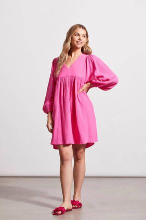 Tribal Cotton Gauze Puffy Sleeve Mini Dress In Hi Pink