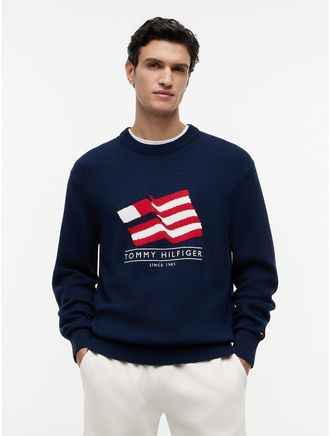 Tommy Hilfiger Mens Relaxed Wavy Flag Logo Crewneck Sweater - Light Navy - XL