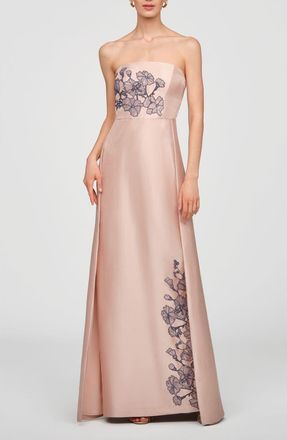 Kay Unger Chandler Embroidered Floral Walk Thru Metallic Organza Gown in Champagne at Nordstrom, Size 12