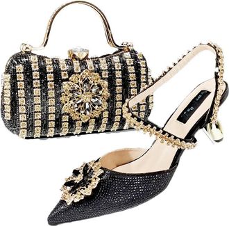 Generic Womens Shoes and Bag Set Sparkly Rhinestone Flower Evening Handbag Shiny Elegant Bridal Heeled Shoes