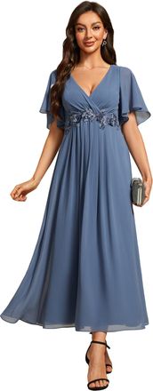 Ever-pretty Womens V-Neck Short Sleeves Pleated A-Line Midi Length Chiffon Dresses for for Plus Size Women Wedding Guest Burn Dusty Navy 26UK