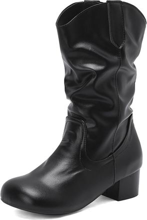 Generic Womens Retro Ruched Mid-Calf Boots with Round Toe Low Block Heels PU Leather Comfortable Anti-Slip Wear-Resistant for Daily Street Casual Party,Black,