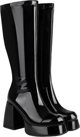 Generic Womens Glossy Patent Leather Upper Square Knee Platform Side Zipper Boots