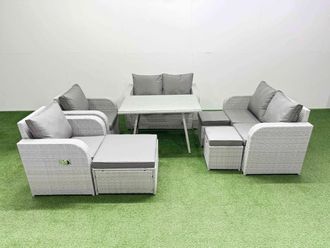 Fimous 9 Seater Rattan Garden Furniture Set Outdoor Love Sofa Set in Light Grey