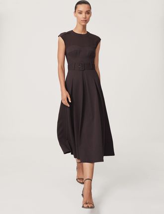 Reiss Burgundy Mesh-panel Belted Pleated Midi Dress, 14