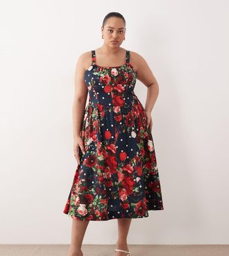 Hope & Ivy Vestito midi a corsetto svasato con spalline sottili blu navy a fiori