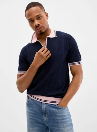 Le 31 Mens Textured knit zip Polo Shirt