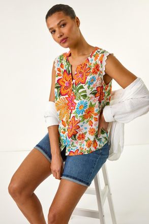 Roman Floral Print Lace Detail Blouse