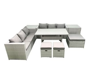 Fimous Rattan Garden Furniture Set 9 Seater Outdoor Sofa Set with Dining Table 2 Side Tables 3 Footstools Light Grey Mixed