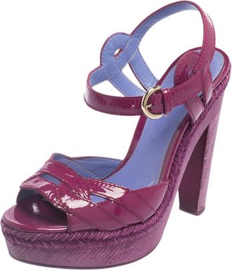 Sergio Rossi Purple Patent Leather Wooden Platform And Heel Ankle Strap Sandals