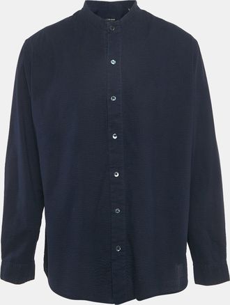 Giorgio Armani Navy Blue Crinkled Cotton Button Front Shirt