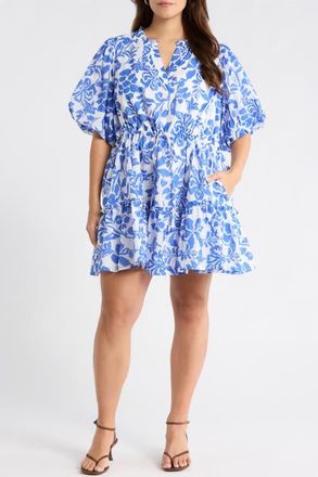 Sugarlips Shia Floral Noella Puff Sleeve Cotton Minidress in White Blue at Nordstrom, Size 3 X